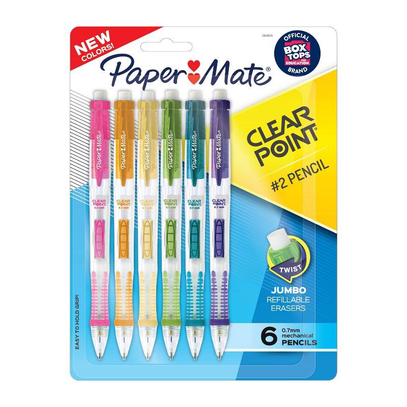 slide 1 of 7, Paper Mate Clear Point 6pk #2 Mechanical Pencils 0.7mm Multicolored: Plastic, Erasable, Art & Stationery, Ages 3+, 6 ct