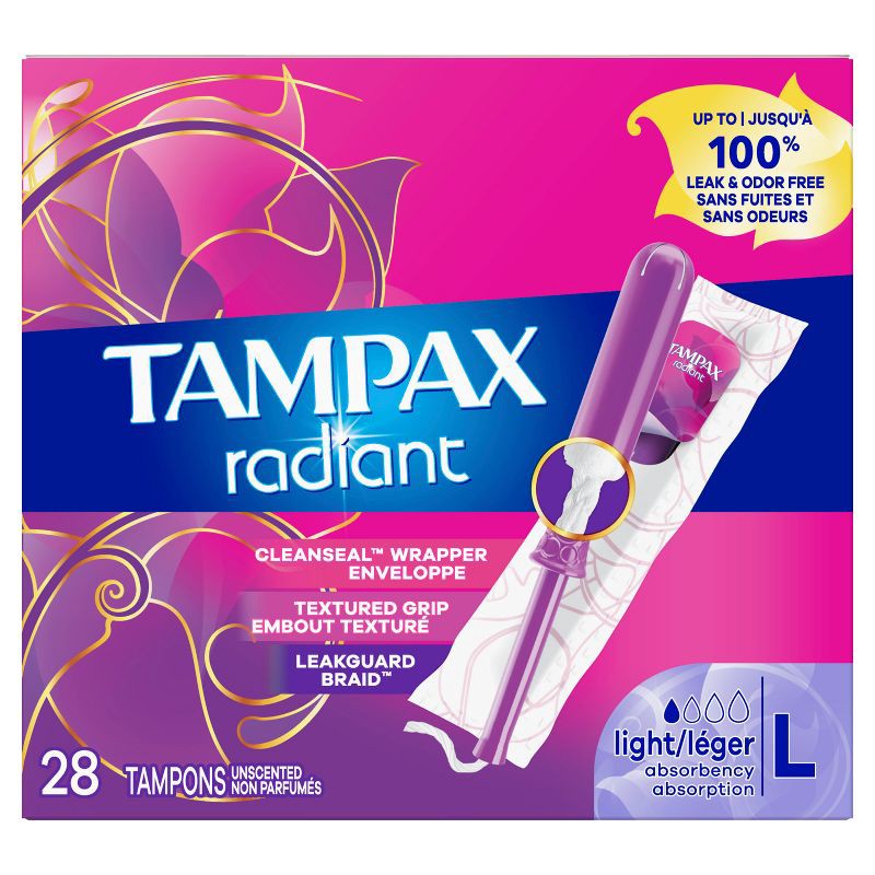 slide 2 of 9, Tampax Radiant Light Absorbency Tampons Plastic Applicator and LeakGuard Braid - Unscented - 28ct, 28 ct