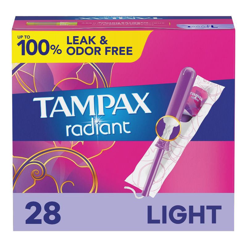 slide 1 of 9, Tampax Radiant Light Absorbency Tampons Plastic Applicator and LeakGuard Braid - Unscented - 28ct, 28 ct