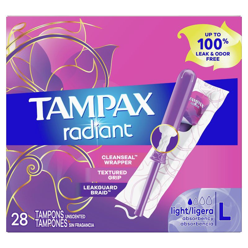 slide 9 of 9, Tampax Radiant Light Absorbency Tampons Plastic Applicator and LeakGuard Braid - Unscented - 28ct, 28 ct