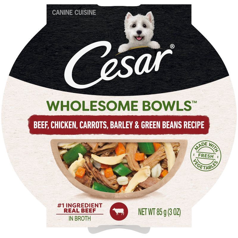 slide 1 of 10, Cesar Wholesome Bowls Beef, Chicken, Carrots, Barley and Green Beans Adult Wet Dog Food - 3oz, 3 oz
