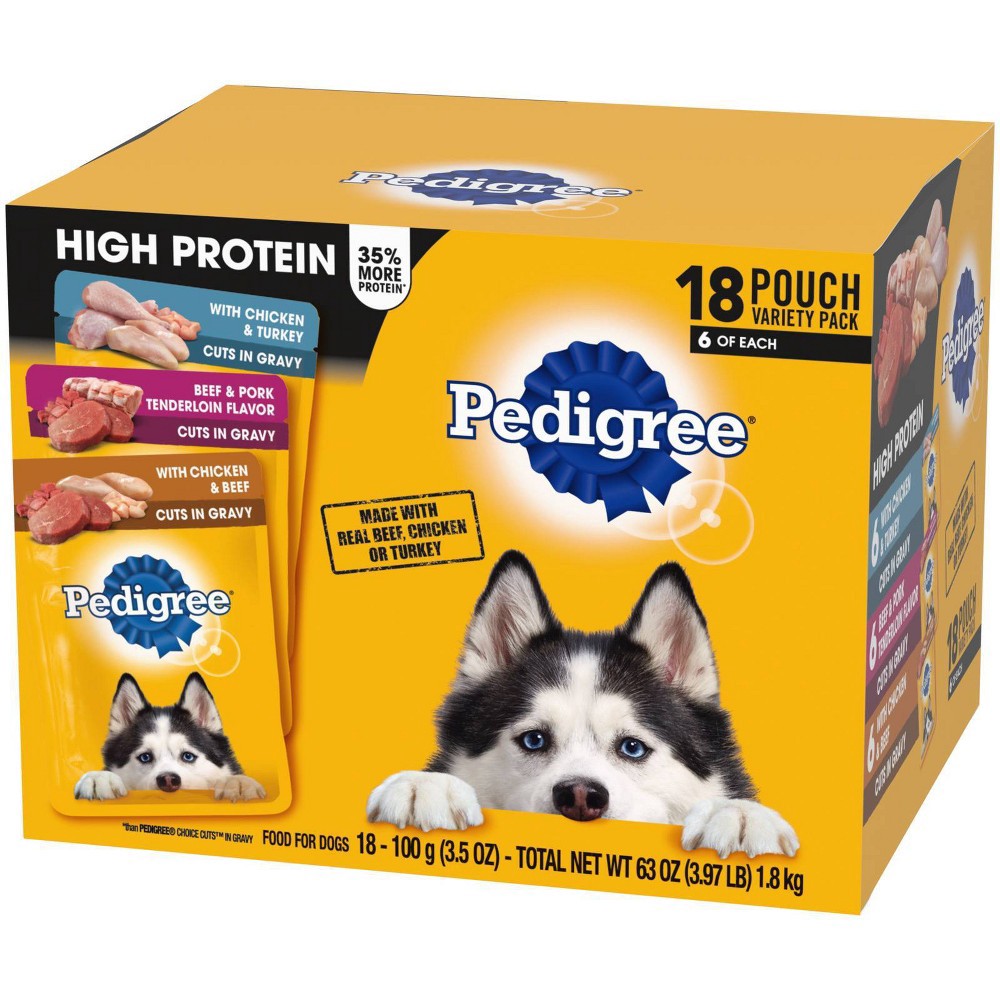 slide 3 of 4, Pedigree High Protein Adult Wet Dog Food Pouches, Variety Pack, 3.5 Oz. Pouches, 3.5 oz