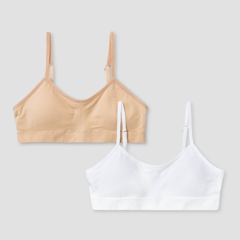 slide 1 of 4, Girls' Solid 2pk Seamless Bra - art class™ Beige M: Lightly Lined, Adjustable Straps, Pullover Style, 2 ct