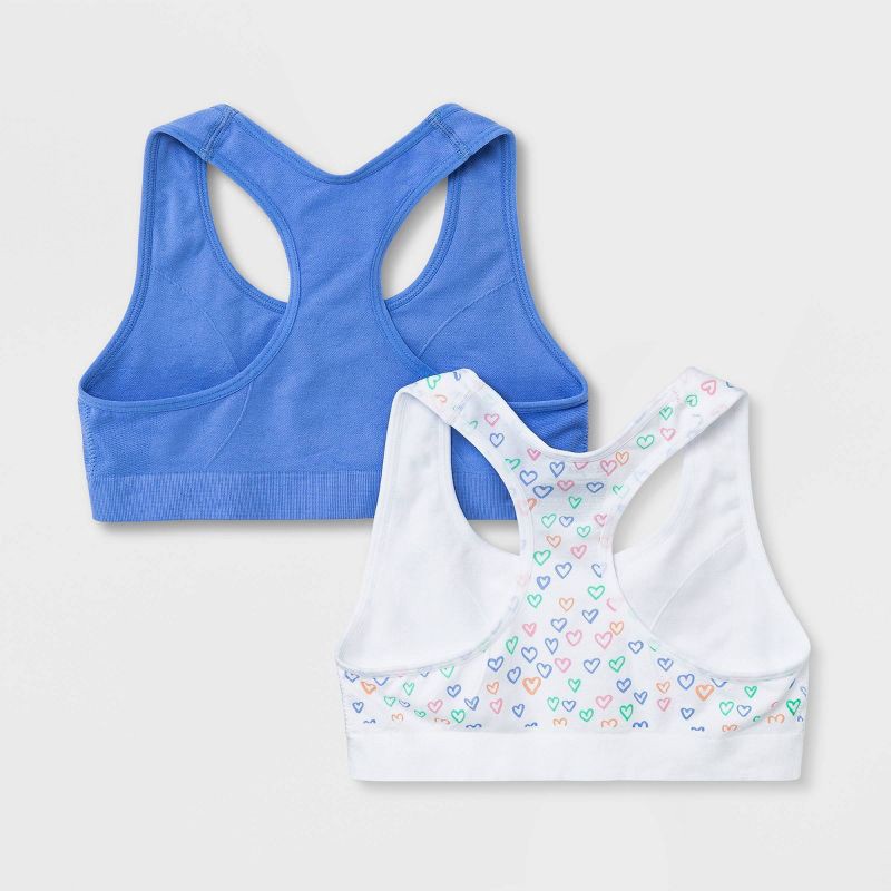 slide 2 of 3, Girls' Solid 2pk Heart Sports Bra - Cat & Jack™ Blue/White S, 2 ct