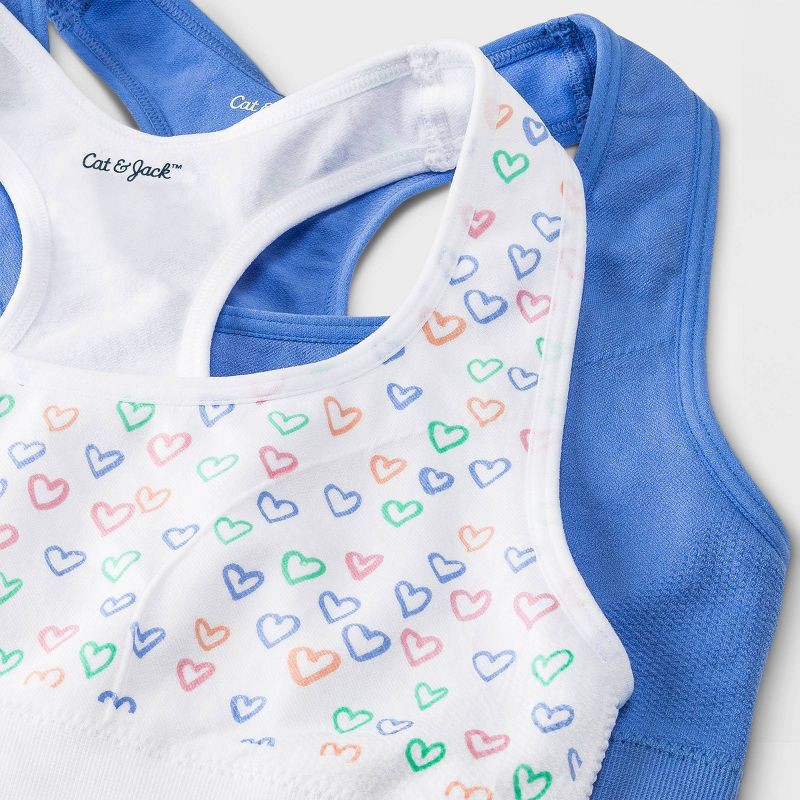 slide 3 of 3, Girls' Solid 2pk Heart Sports Bra - Cat & Jack™ Blue/White S, 2 ct