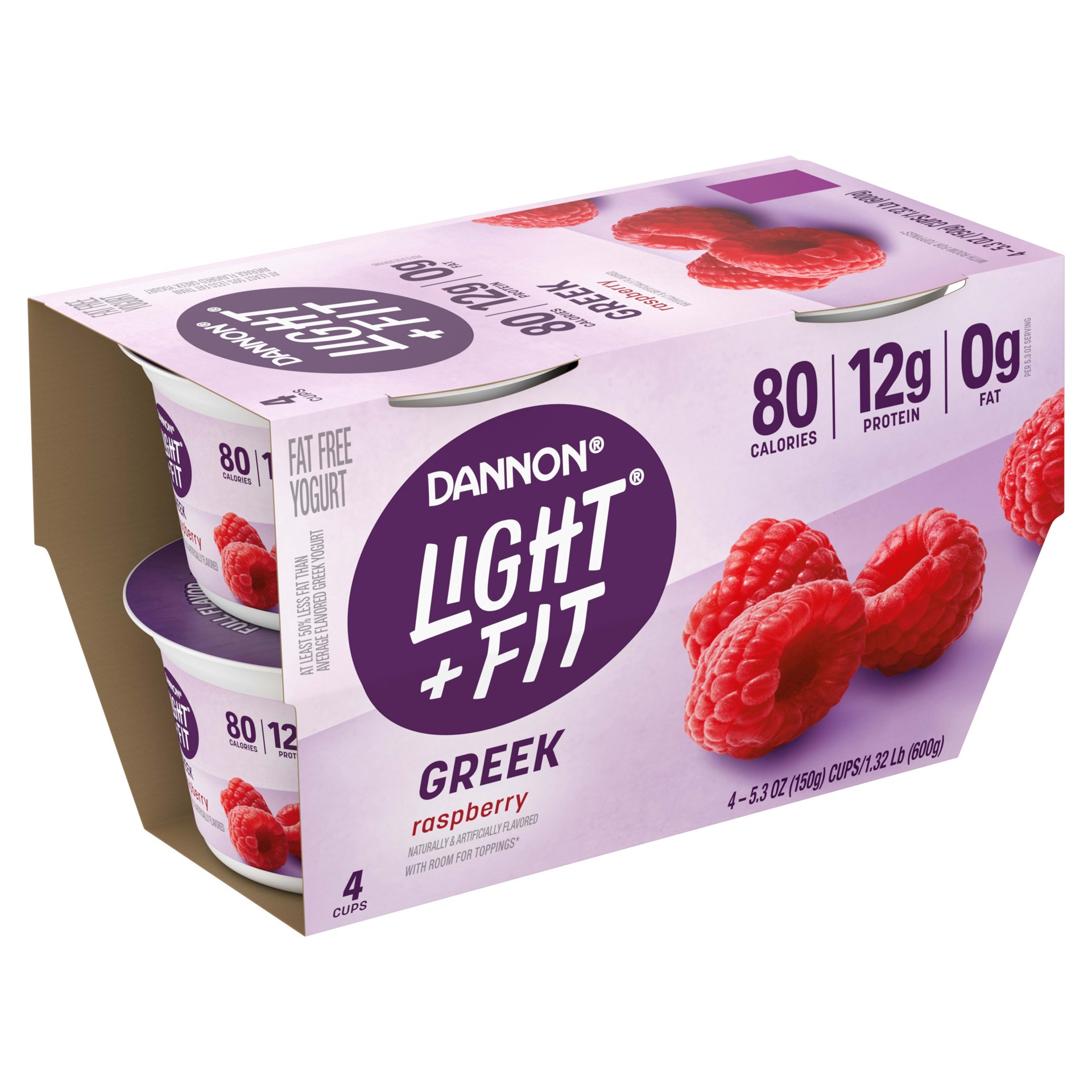 slide 5 of 5, Light + Fit Dannon Light + Fit Greek Nonfat Yogurt, Raspberry, Gluten-Free, 5.3 oz., 4 Pack, 4 ct; 5.3 oz