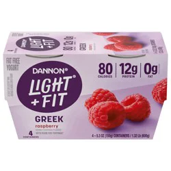 Dannon Light + Fit Raspberry Greek Fat Free Yogurt, Creamy and Delicious Gluten Free Yogurt, 4 Ct, 5.3 OZ Yogurt Cups