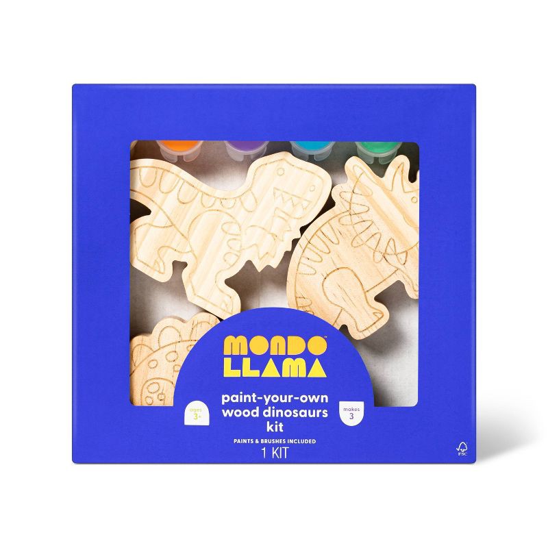 slide 1 of 4, 3pk Paint-Your-Own Wood Dinosaur Set - Mondo Llama™: Non-Toxic Craft Kit with Acrylic Paints & Brushes for Kids 3+, 3 ct