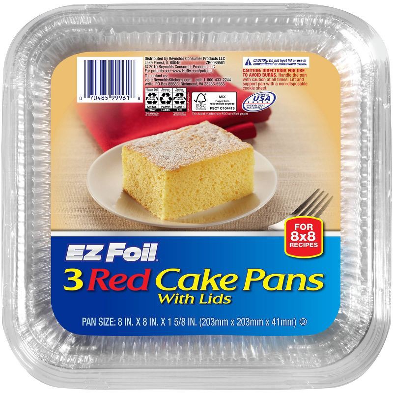 slide 1 of 6, EZ Foil 8" x 8" Red Holiday Cake Pan with Lids - 3ct, 3 ct