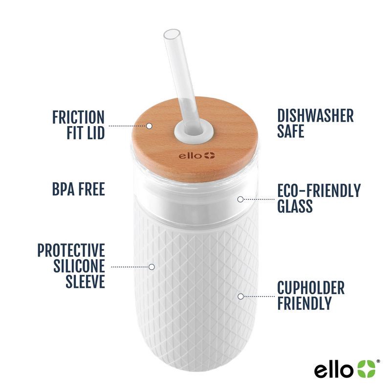 slide 4 of 4, Ello Devon 18oz Glass Tumbler - White: Iced Coffee Cup, Glass Tumbler with Lid, Straw, BPA-Free, Silicone Grip, 18 oz