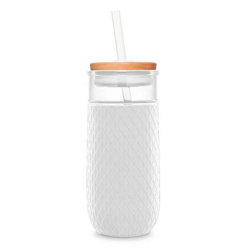 slide 1 of 4, Ello Devon 18oz Glass Tumbler - White: Iced Coffee Cup, Glass Tumbler with Lid, Straw, BPA-Free, Silicone Grip, 18 oz