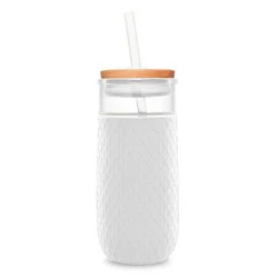 Ello Devon 18oz Glass Tumbler - White: Iced Coffee Cup, Glass Tumbler with Lid, Straw, Silicone Grip