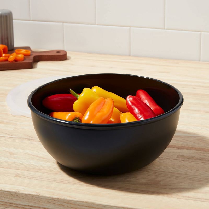 slide 2 of 3, Lidded Mixing Bowl Black - Room Essentials™: 2.8 Qt Plastic, Dishwasher-Safe, Matte & Shiny Finish, Bowl with Lid, 2.8 qt