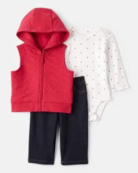 Carter's Baby Girl 3-Piece Heart Quilted Vest Outfit Set - Red Blue 24M