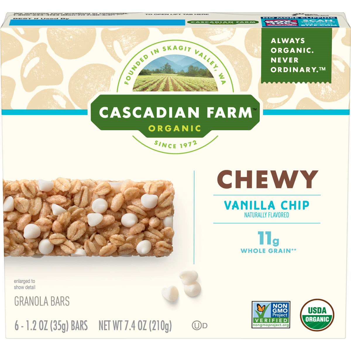 slide 1 of 10, Cascadian Farm Organic Granola Bars, Vanilla Chip Chewy Granola Bars, 6 Bars, 6 ct; 1.2 oz