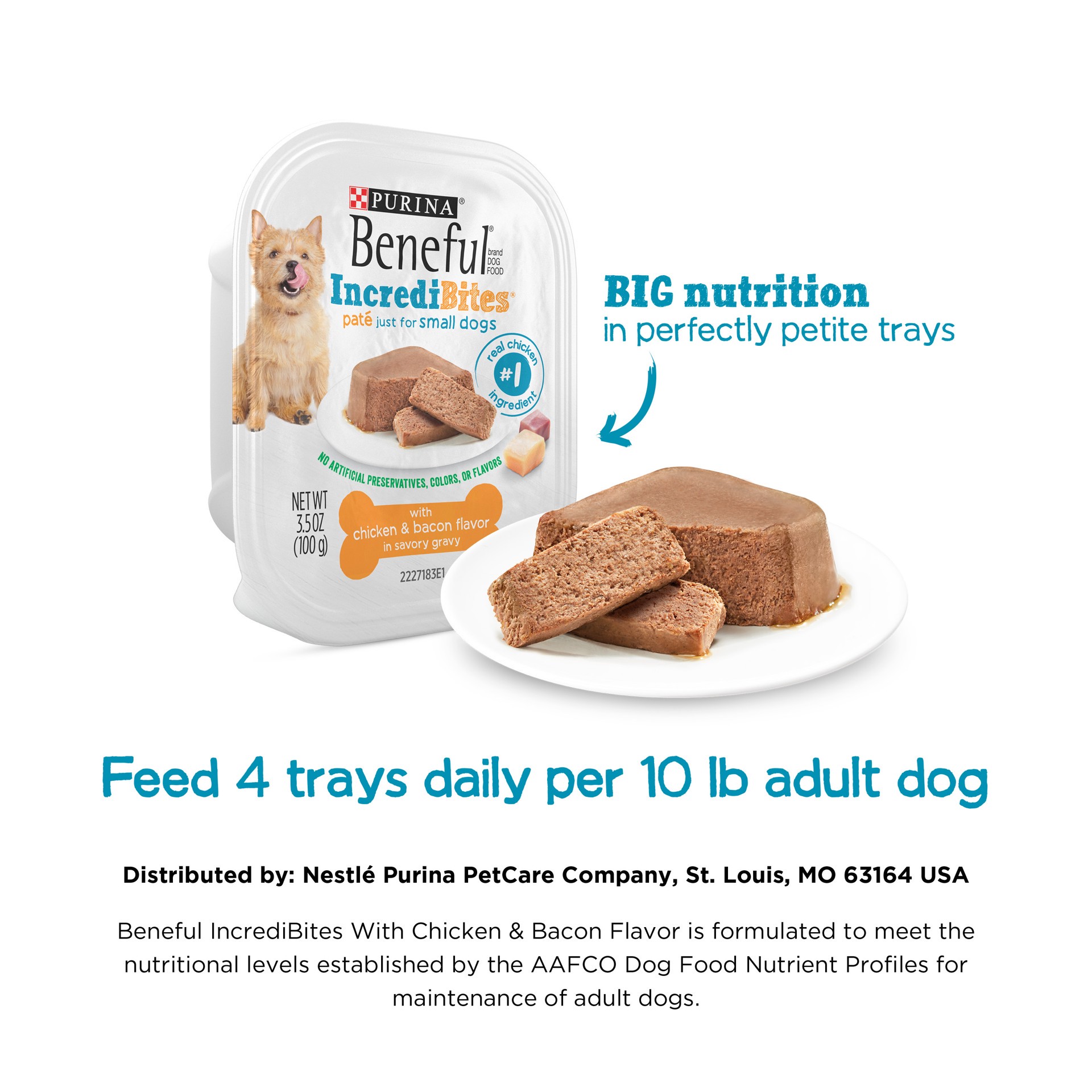 slide 2 of 7, Beneful IncrediBites Pate Wet Dog Food for Small Dogs with Chicken and Bacon Flavor in a Savory Gravy, 3.5 oz