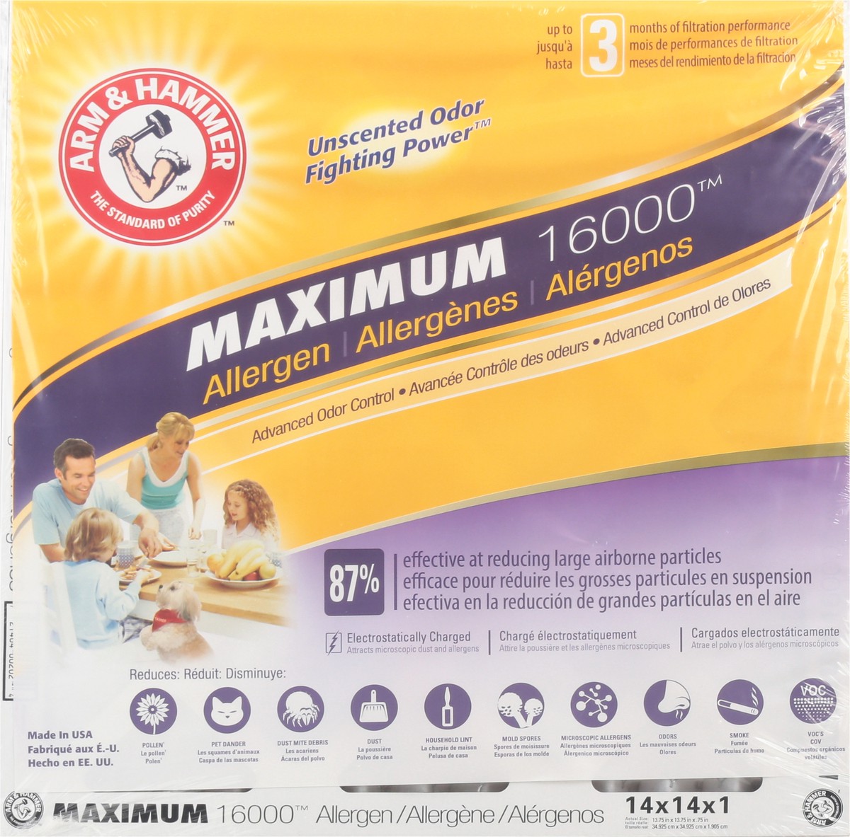 slide 3 of 11, ARM & HAMMER Maximum 16000 Allergen Air Filter 1 ea, 14 in x 14 in x 1 in