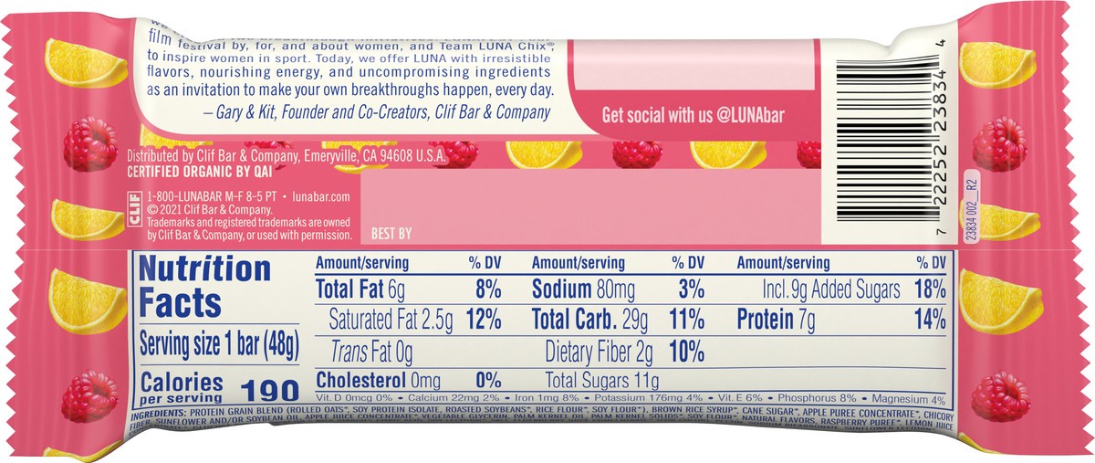 slide 4 of 9, LUNA Bar - Mash-Ups LemonZest + Raspberry Flavor - Snack Bars - Non-GMO - Gluten-Free Protein Bars - Made with Organic Oats (1 Count), 1.69 oz