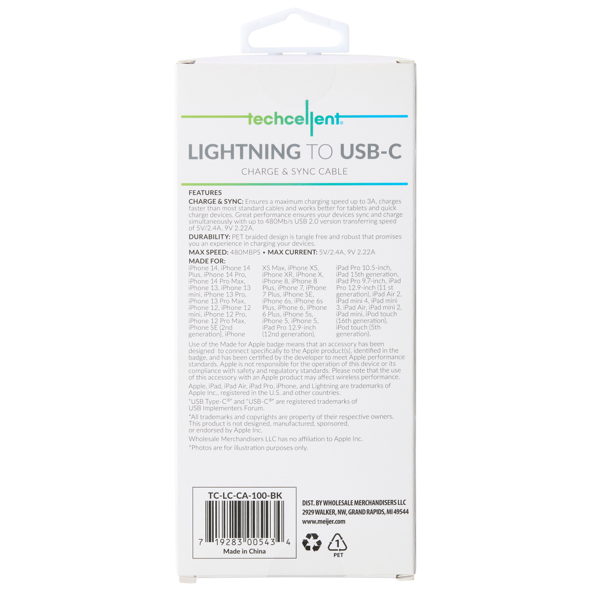 slide 8 of 8, TECHCELLENT Lightning To USB-C Charge & Sync Braided Cable Black, 6 ft