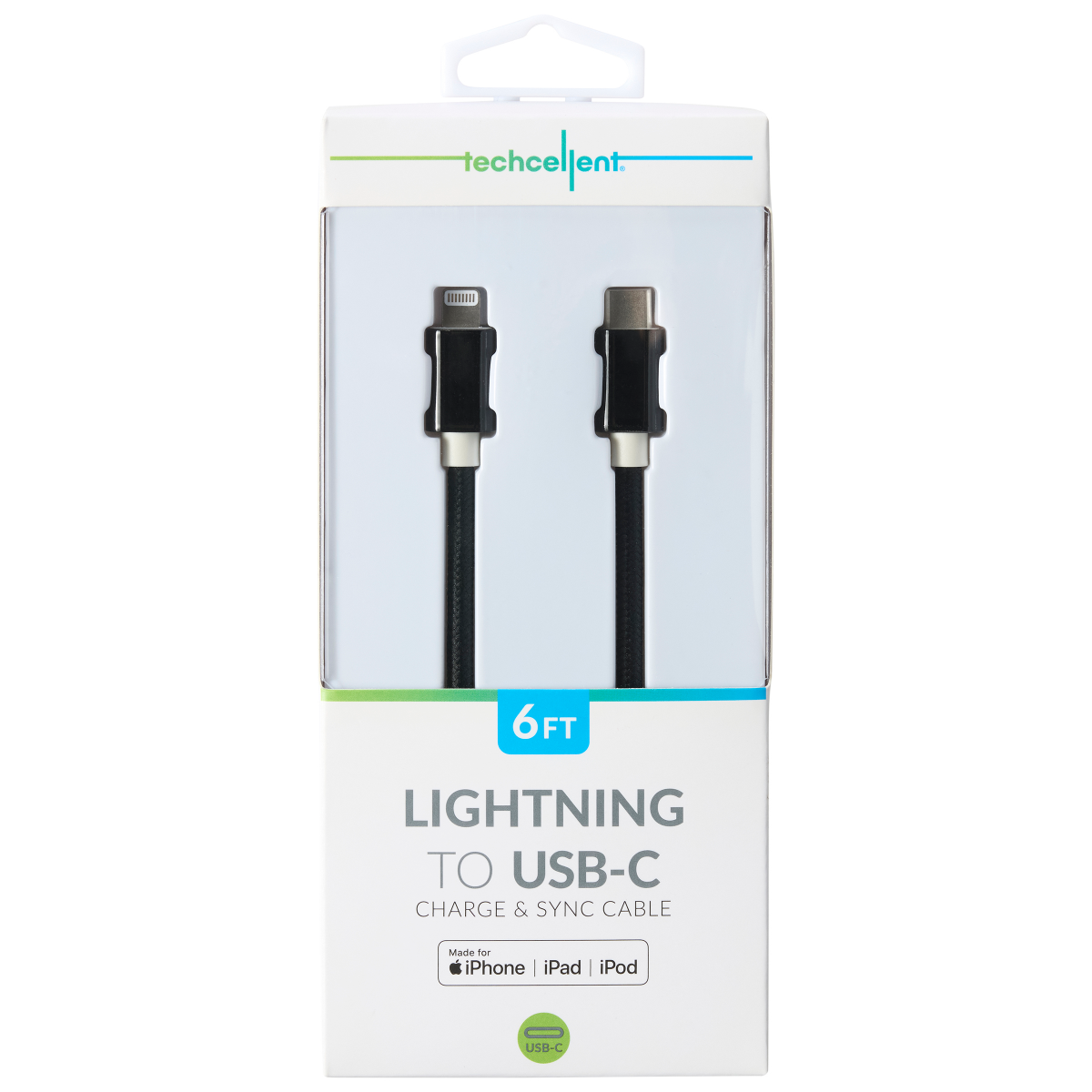 slide 1 of 8, TECHCELLENT Lightning To USB-C Charge & Sync Braided Cable Black, 6 ft