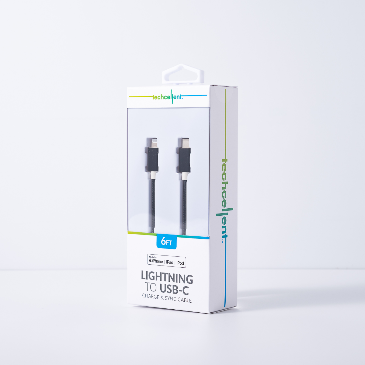 slide 7 of 8, TECHCELLENT Lightning To USB-C Charge & Sync Braided Cable Black, 6 ft