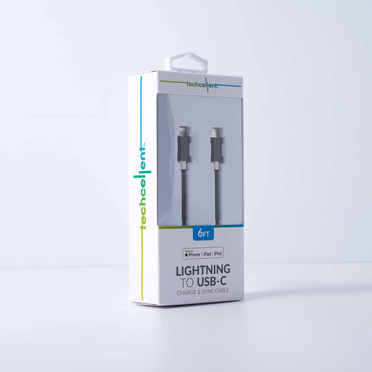 slide 6 of 8, TECHCELLENT Lightning To USB-C Charge & Sync Braided Cable Black, 6 ft