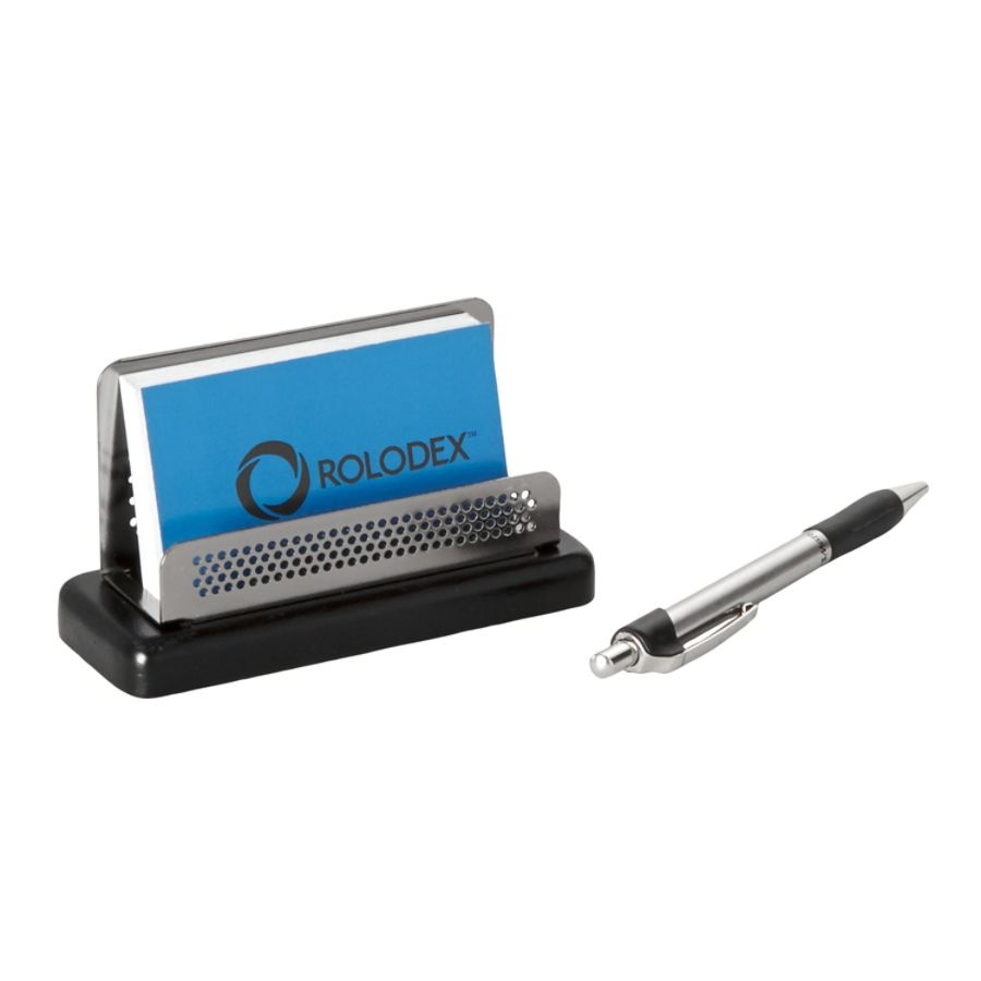 slide 2 of 2, Rolodex Distinctions Punched Metal And Wood Business Card Holder, Black/Pewter, 1 ct