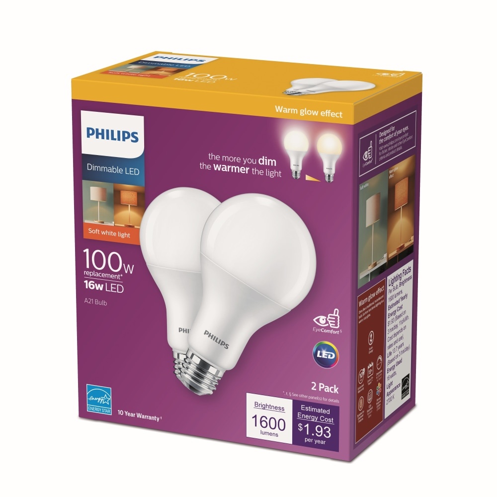 slide 1 of 1, Philips 16Watt 100Watt A21 Led Light Bulbs Soft White, 2 ct