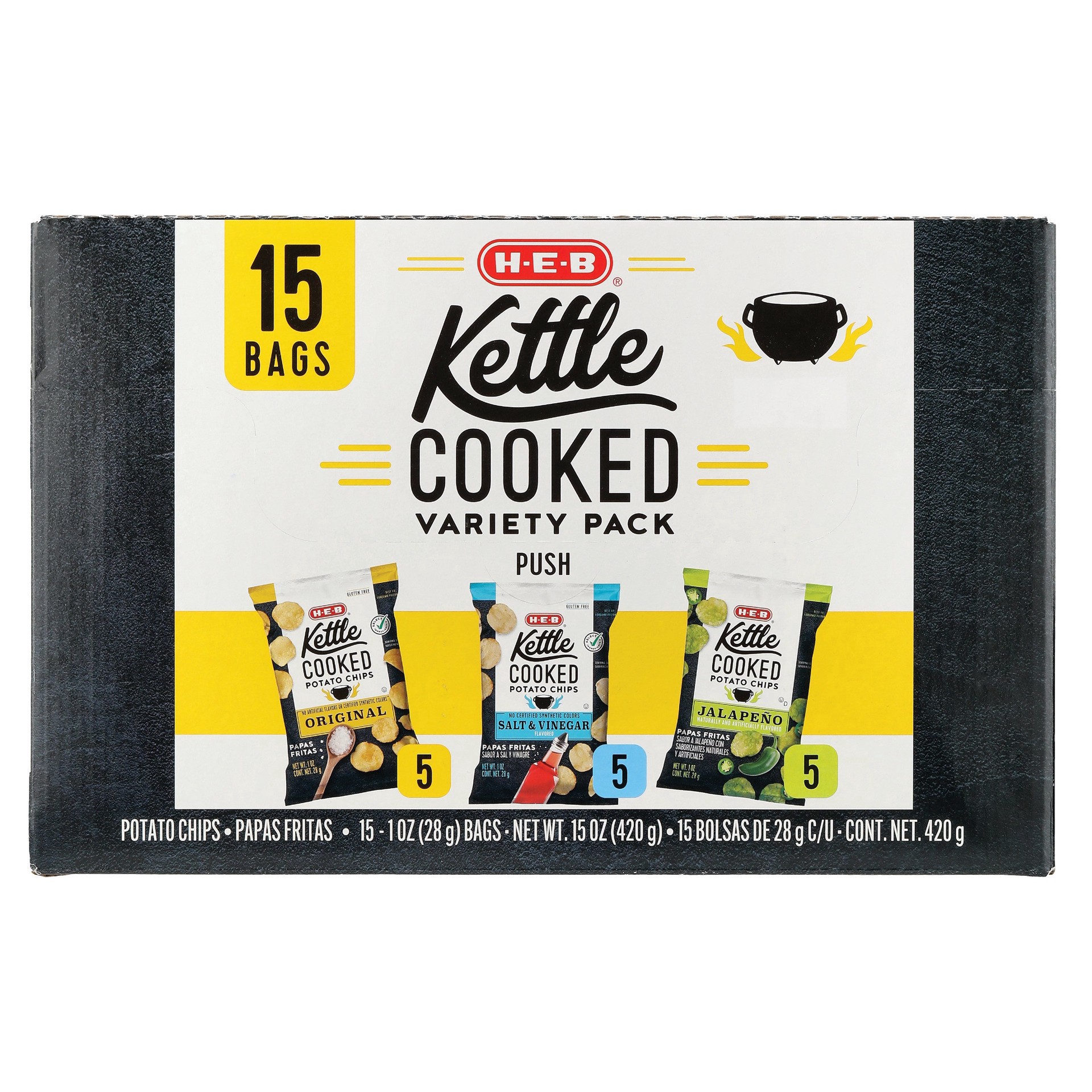 slide 1 of 1, H-E-B Kettle Cooked Potato Chips Variety Pack 1 oz Bags, 15 ct