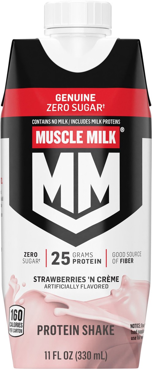slide 2 of 7, Muscle Milk Genuine Zero Sugar Non-Dairy Protein Shake Strawberries 'N Creme Artificially Flavored 11 Fl Oz Carton, 11 fl oz