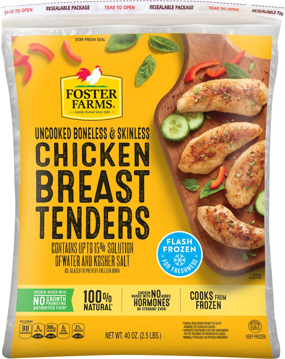 slide 3 of 6, Foster Farms Uncooked Boneless and Skinless Chicken Breast Tenders, 40 oz