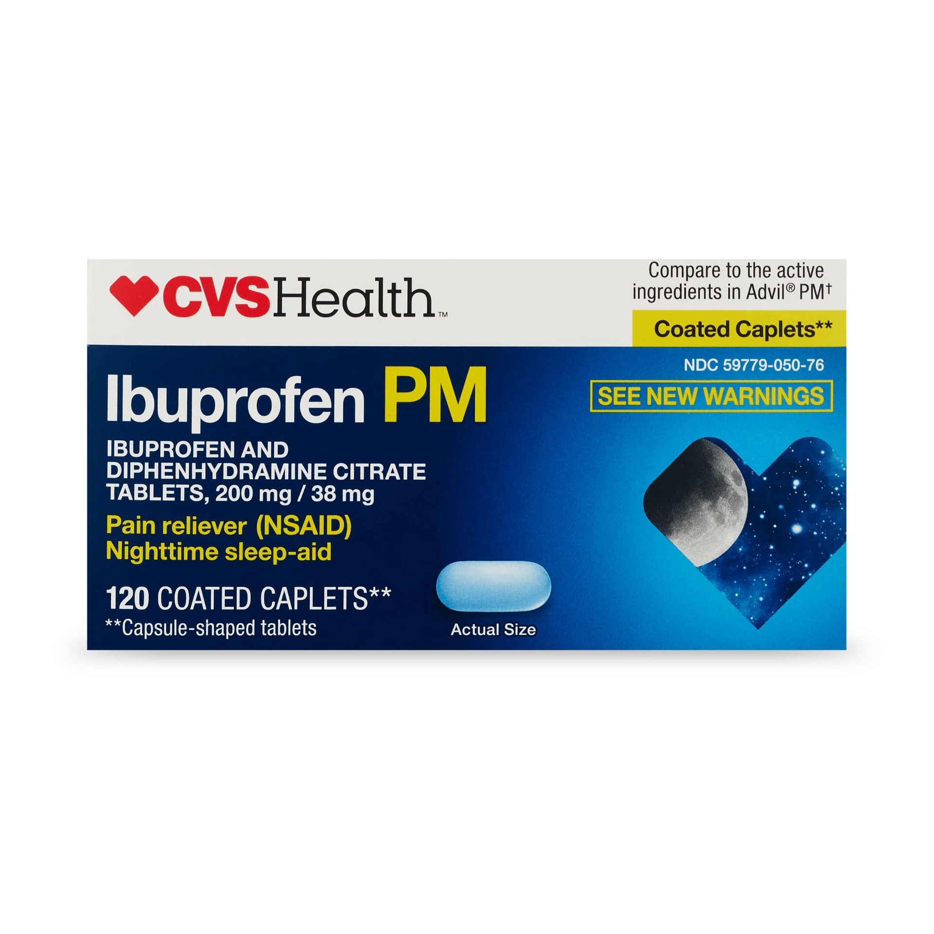 slide 1 of 1, Cvs Health Ibuprofen Pm Pain Reliever Nighttime Sleep-Aid Coated Caplets, 120 Ct, 120 ct