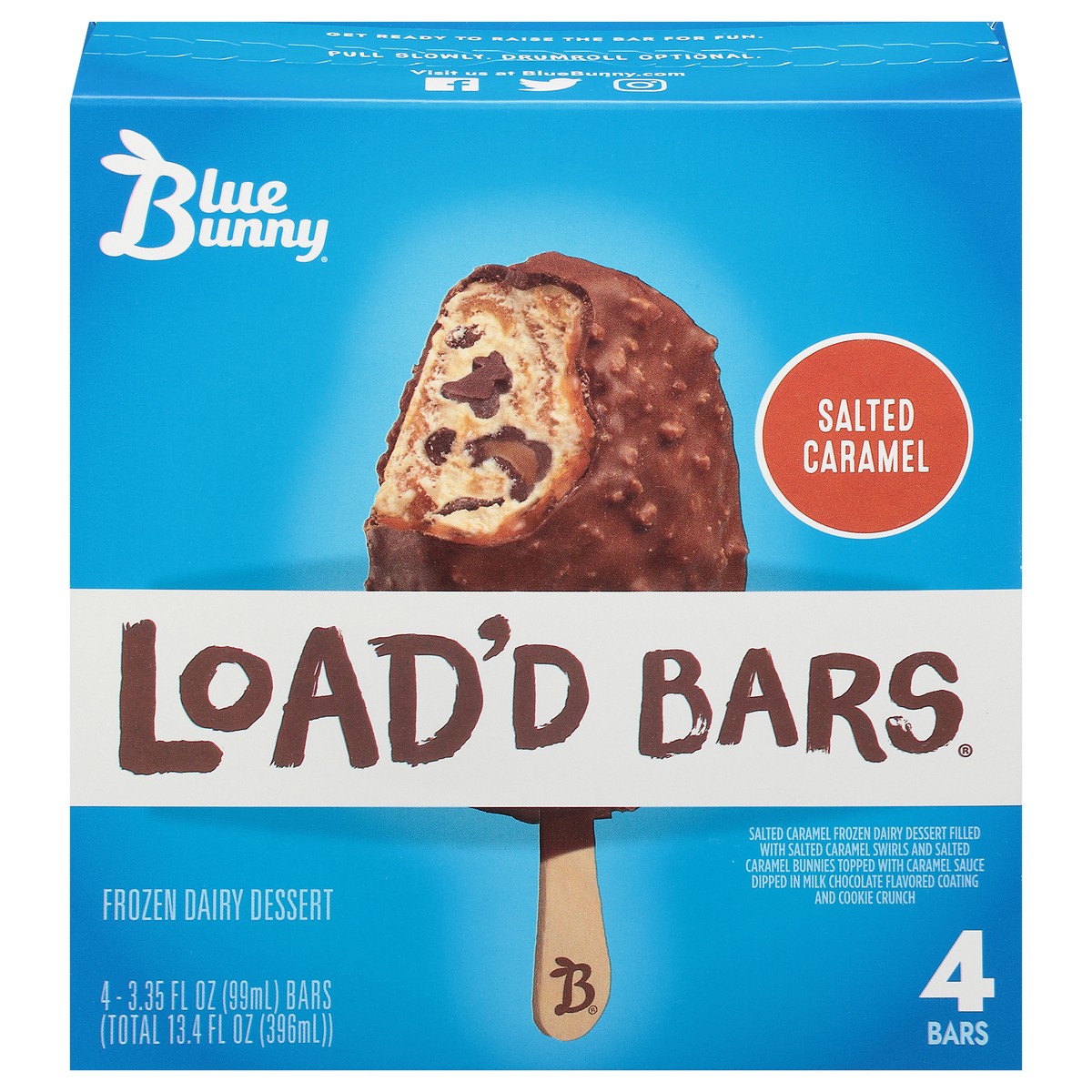 slide 1 of 5, Blue Bunny Load'd Bars Salted Caramel, Frozen Dessert, 4 Pack, 13.40 fl oz