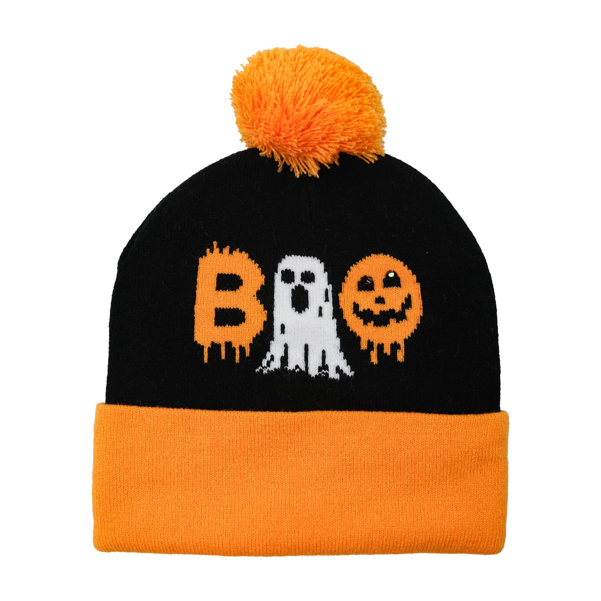 slide 2 of 3, Orange & Black Light Up Boo Beanie By Celebrate It, adult