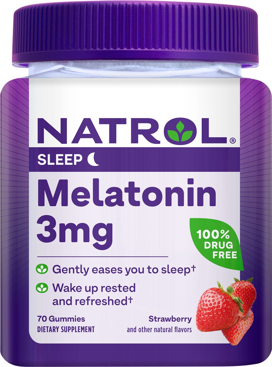 slide 6 of 8, Natrol Melatonin Gummies, Sleep Support for Adults, 3 mg Melatonin Supplement for Sleeping, 70 Strawberry-Flavored Gummies, Up to a 70 Day Supply, 70 ct