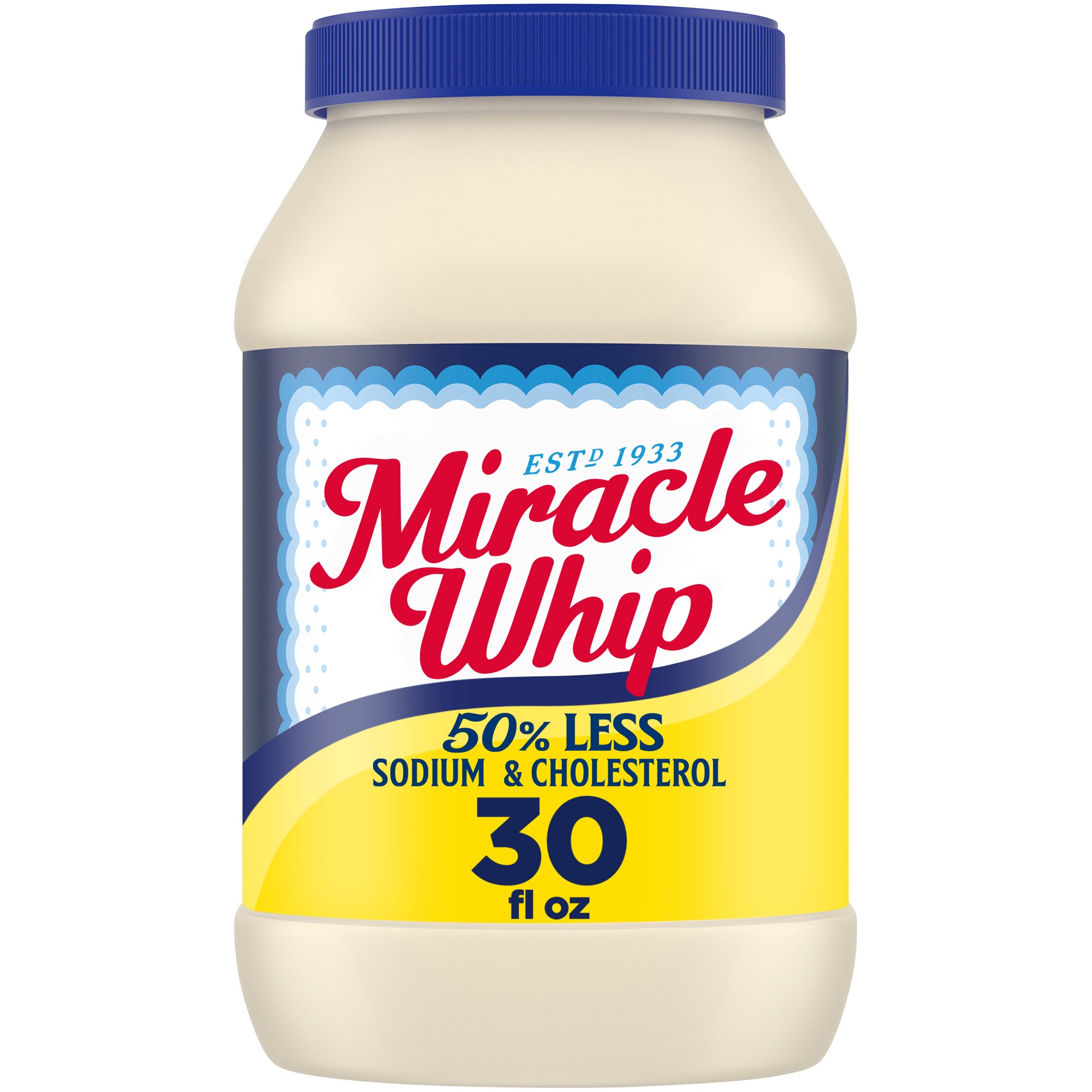 slide 1 of 10, Miracle Whip Mayo-like Dressing with 50% Less Sodium & Cholesterol, 30 fl oz Jar, 30 fl oz