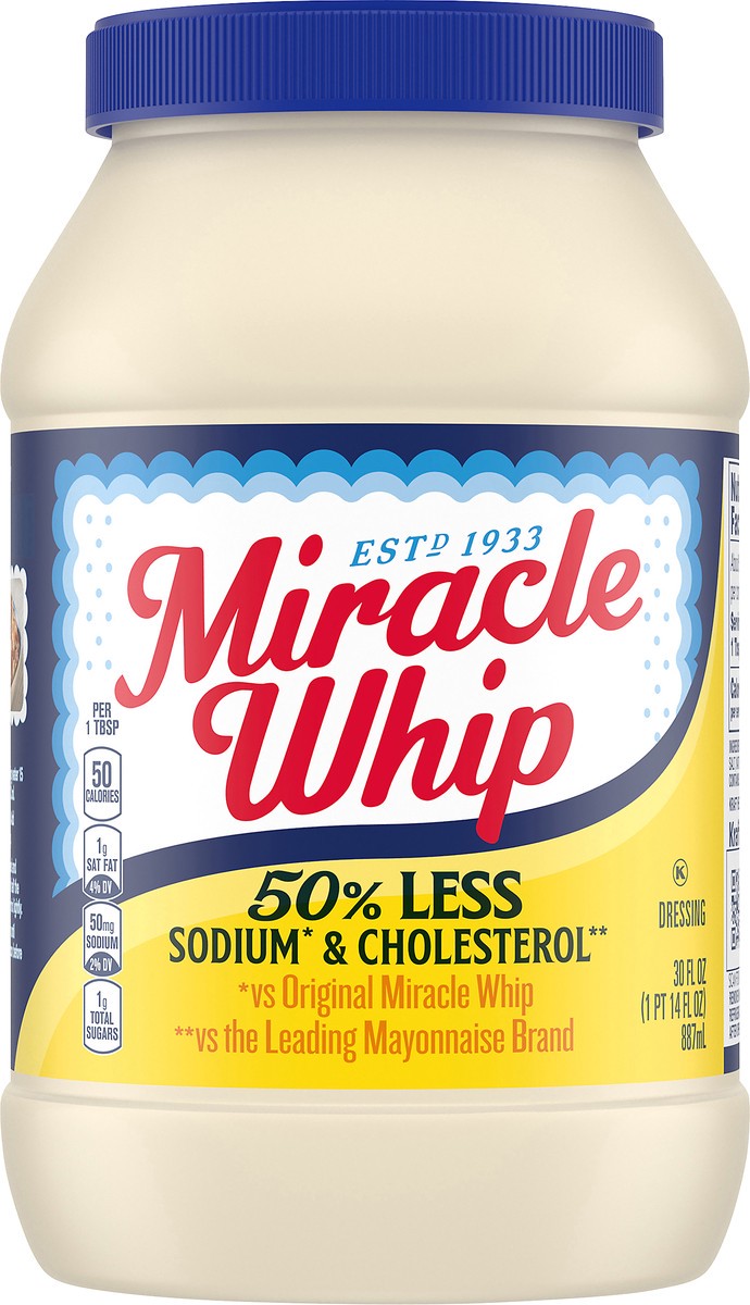 slide 10 of 10, Miracle Whip Mayo-like Dressing with 50% Less Sodium & Cholesterol, 30 fl oz Jar, 30 fl oz