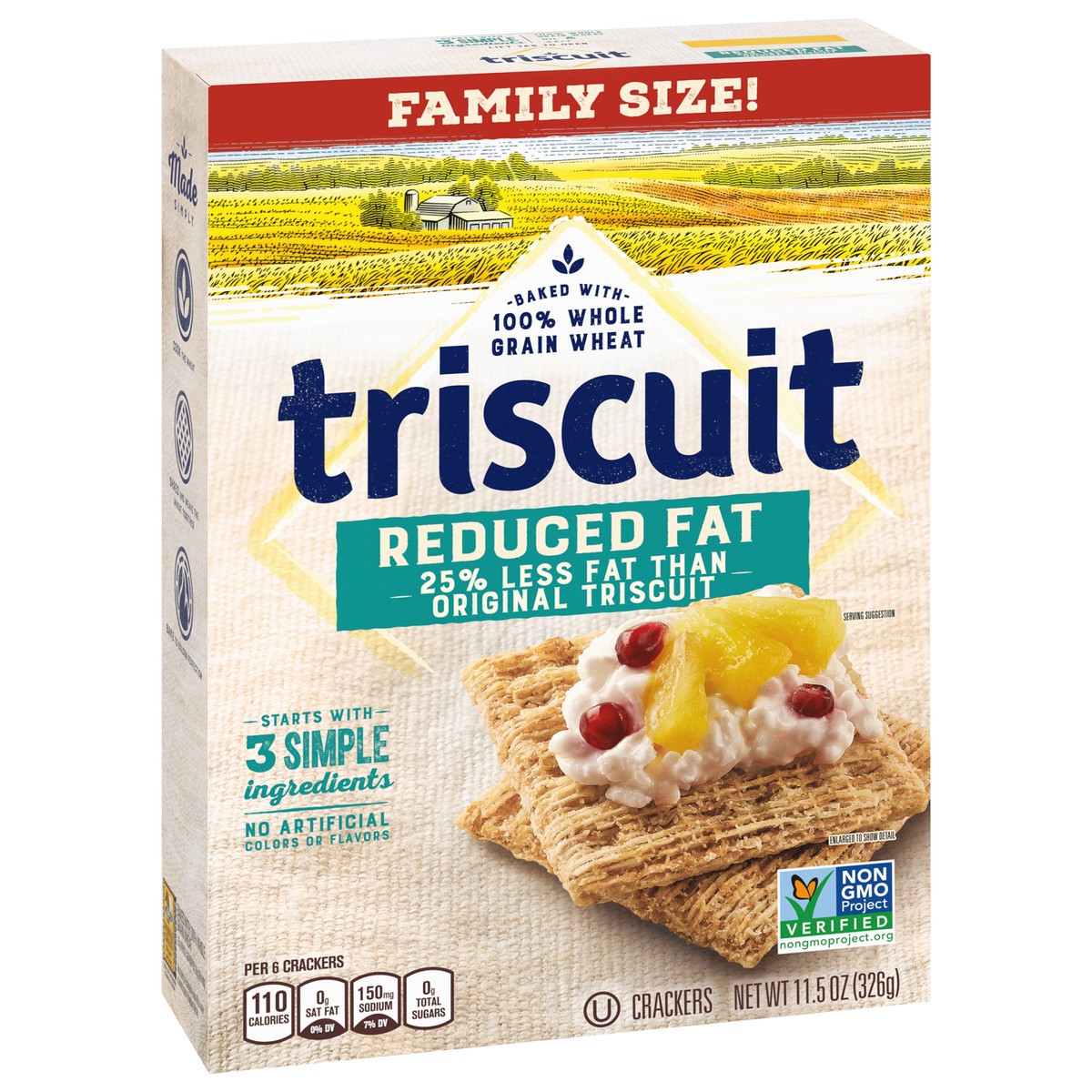 slide 2 of 9, Triscuit Reduced Fat Whole Grain Wheat Crackers, Vegan Crackers, Family Size, 11.5 oz, 11.5 oz