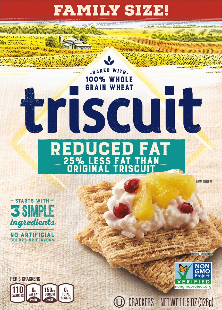slide 6 of 9, Triscuit Reduced Fat Whole Grain Wheat Crackers, Vegan Crackers, Family Size, 11.5 oz, 11.5 oz