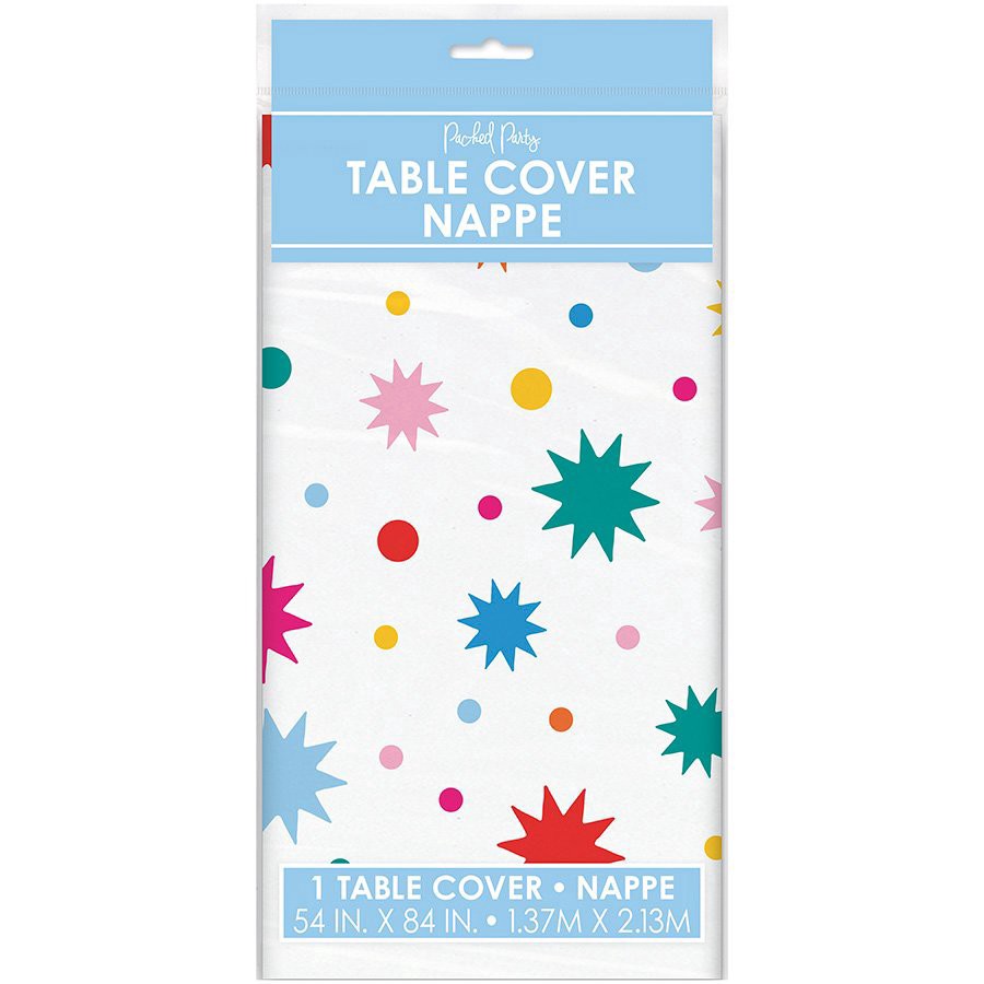 slide 1 of 1, Packed Party Multi Color Starburst Dots Plastic Table Cover, 54 ft x 84 ft