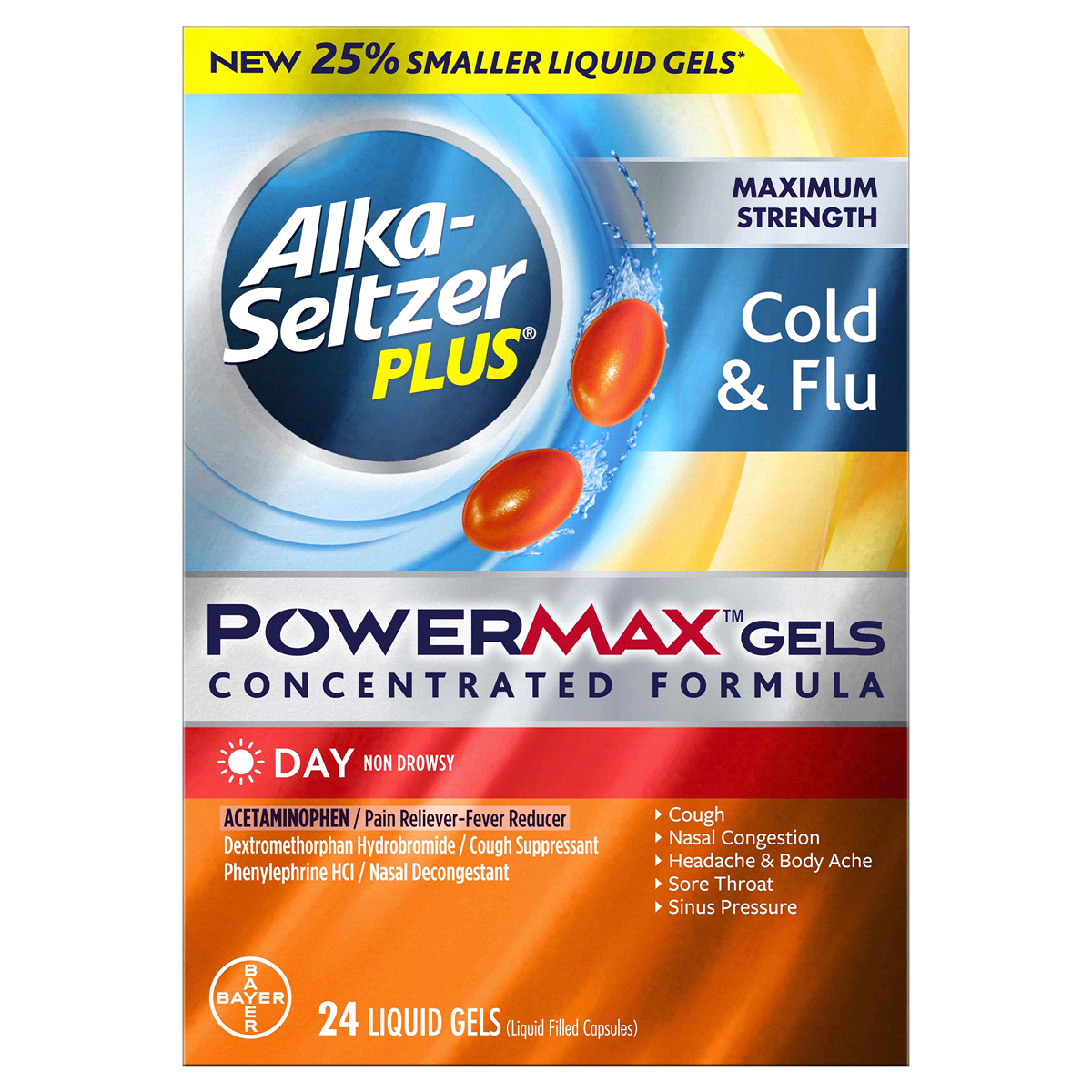 slide 1 of 1, Alka-Seltzer Plus Maximum Strength Cold & Flu Power Max Gels Day, 24 Liquid Gels, 24 ct