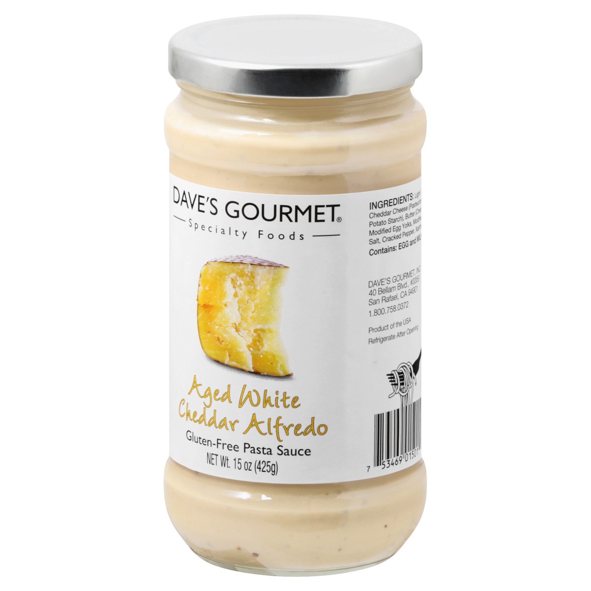 slide 9 of 13, Dave's Gourmet Aged White Cheddar Alfredo Pasta Sauce, 15 oz