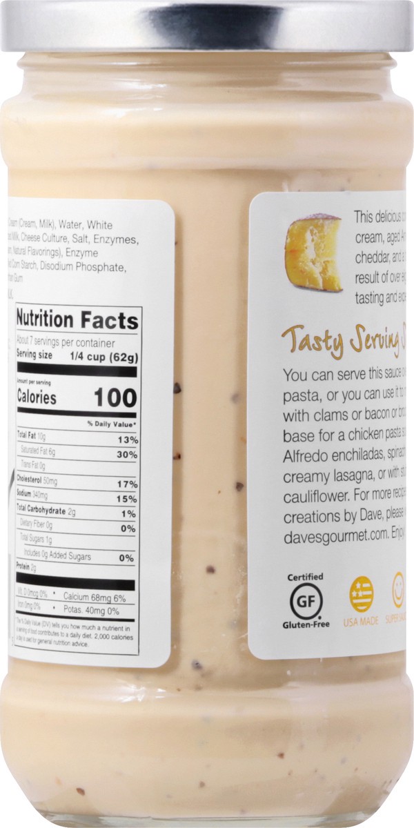 slide 7 of 13, Dave's Gourmet Aged White Cheddar Alfredo Pasta Sauce, 15 oz