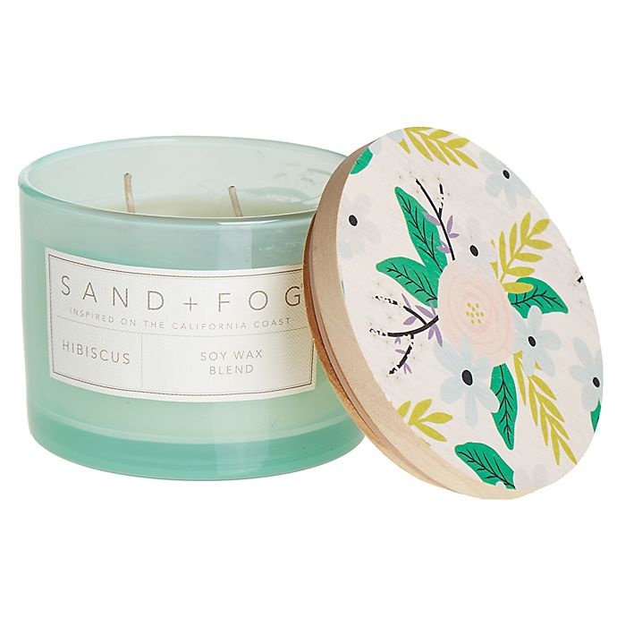 slide 1 of 1, Sand + Fog Hibiscus Jar Candle with Painted Floral Wood Lid - Turquoise, 12 oz