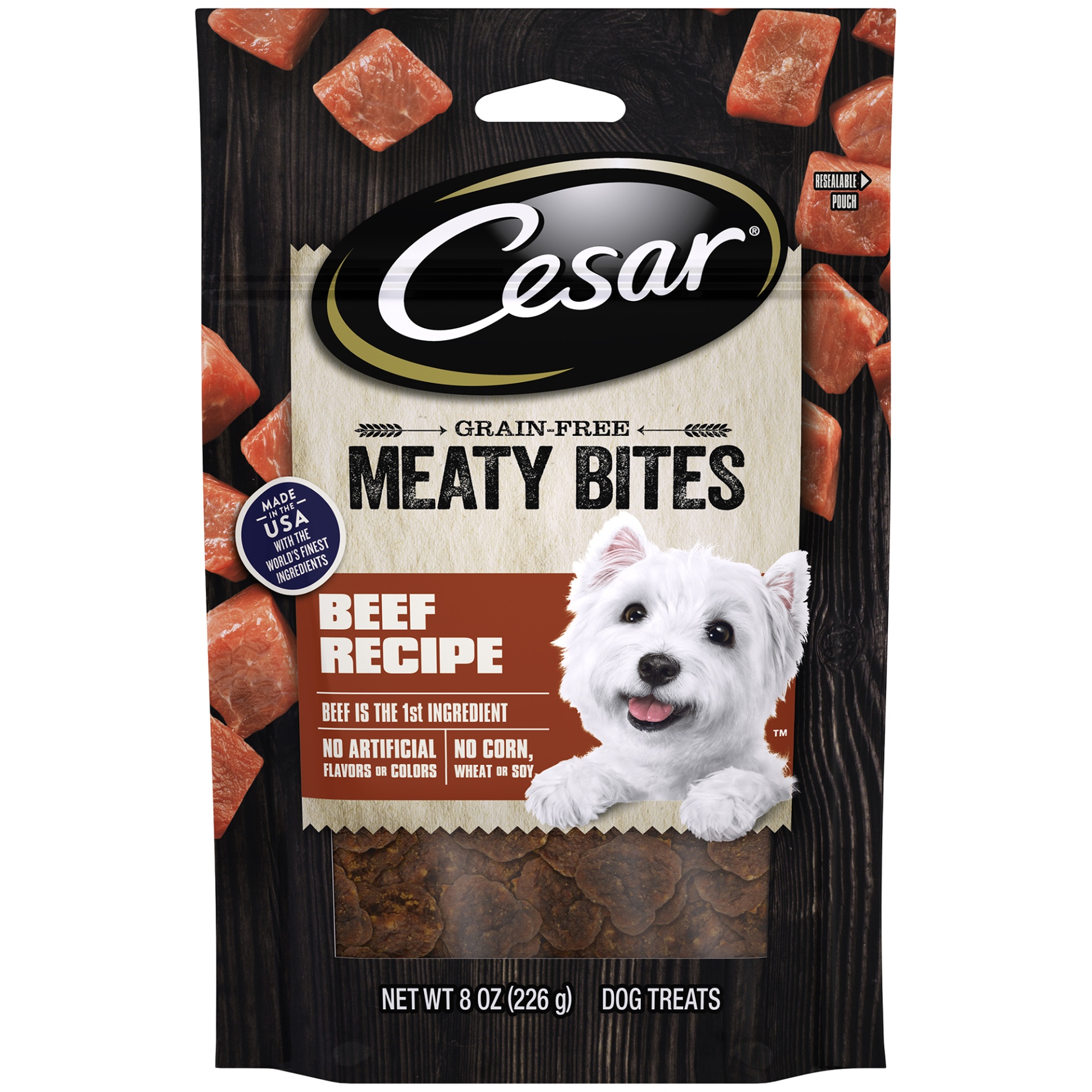slide 1 of 1, CESAR MEATY BITES Grain Free Chewy Soft Dog Treats Beef Recipe, 8 Oz