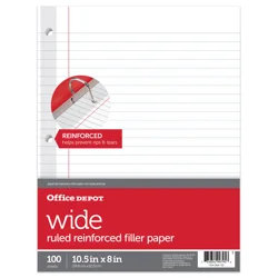 Office Depot® Brand Reinforced Filler Paper, 8"" x 10-1/2"", Wide Ruled, White, Pack Of 100 Sheets