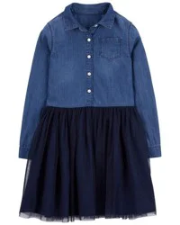 Oshkosh Kid Mixed Fabric Chambray and Tulle Dress Blue 5