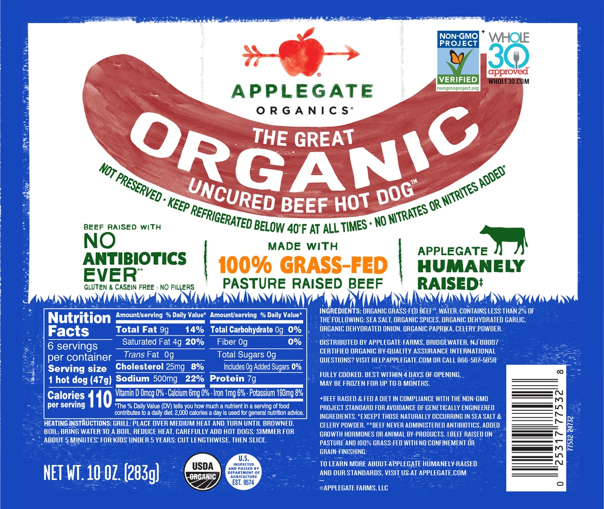 slide 1 of 1, Applegate Organics Uncured Beef Hot Dog, 0.625 lb