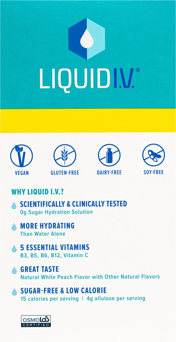 slide 6 of 10, Liquid I.V. Sugar Free Hydration Multiplier Vegan Powder Electrolyte Supplements - White Peach - 0.45oz/10ct, 10 ct