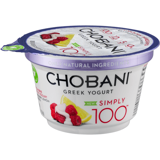 slide 2 of 8, Chobani Simply 100 Non-Fat Greek Yogurt, Raspberry Lemon Blended, 5.3 oz